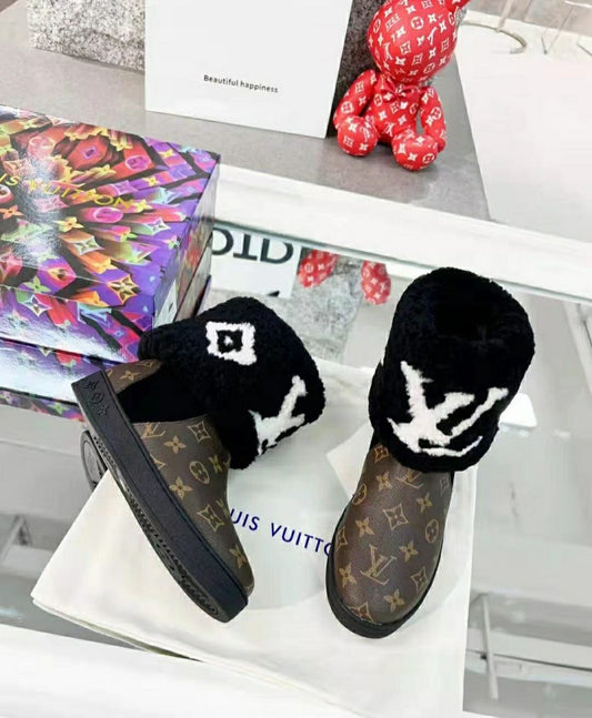 Luxurious Louis Vuitton Monogram Fur and Puffer Boots