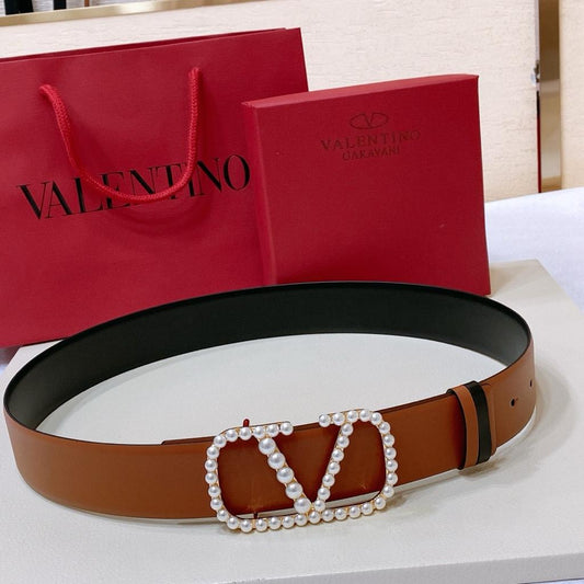 Valentino Garavani Leather Belt with Pearl-Embellished V Logo