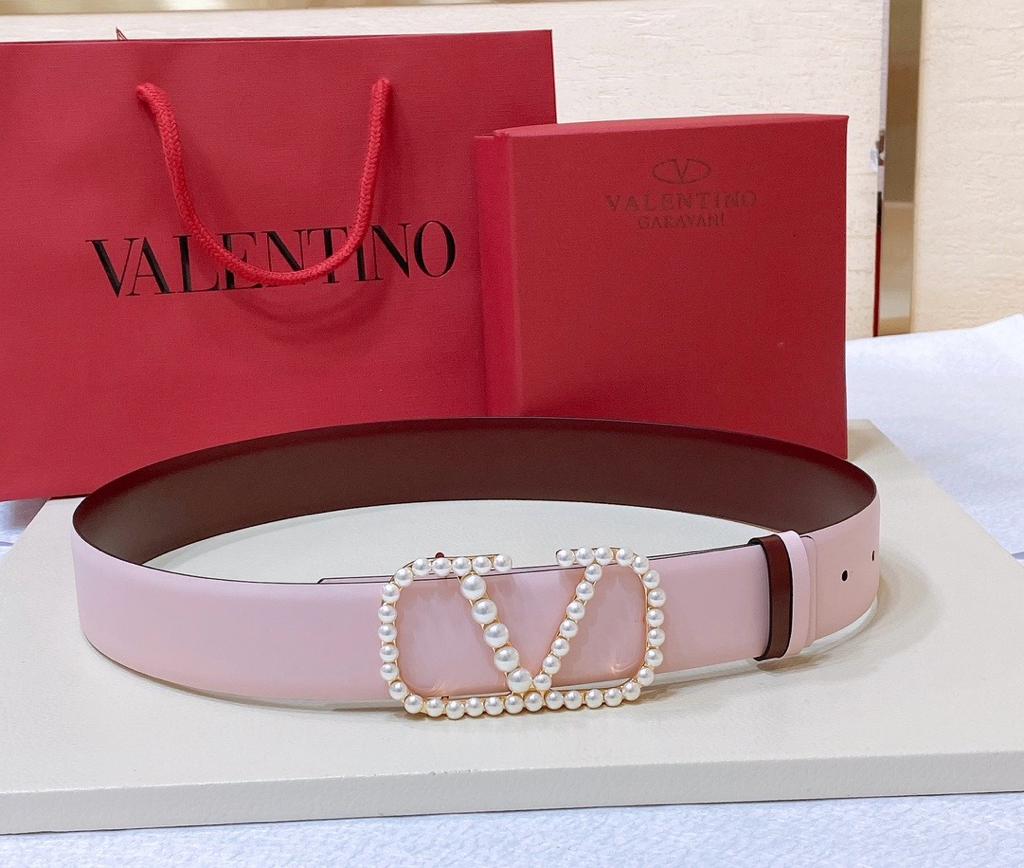 Valentino Garavani Leather Belt with Pearl-Embellished V Logo