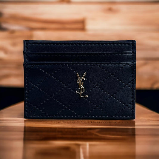 Black Pebbled Leather Cardholder with Gold YSL Log