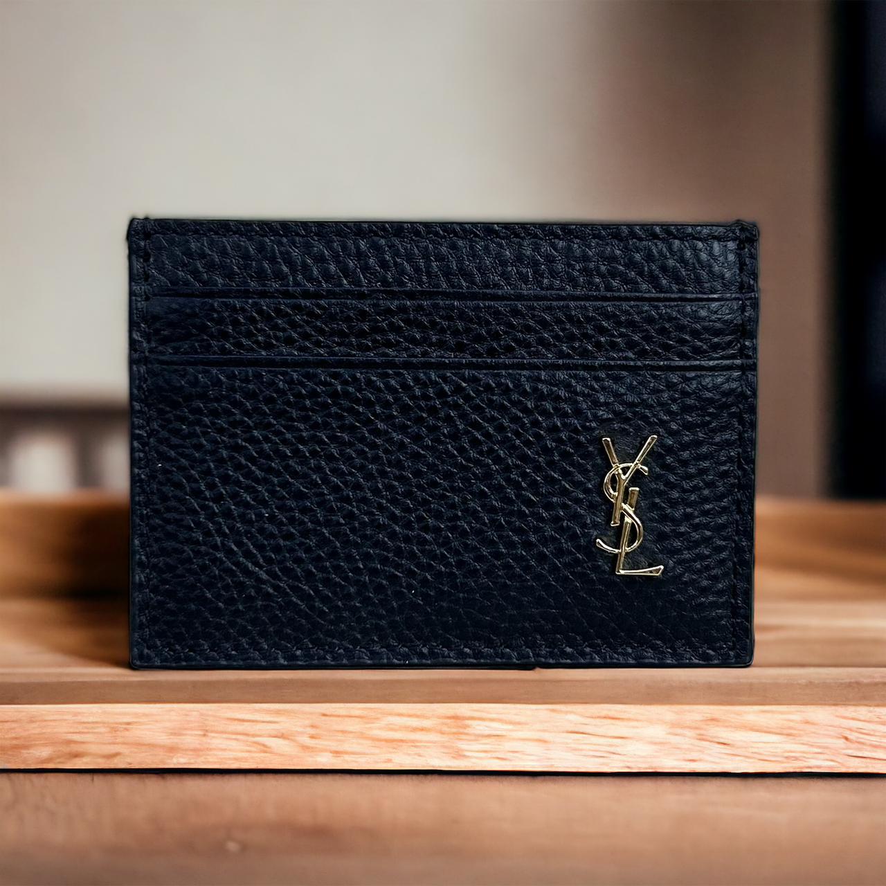 Black Pebbled Leather Cardholder with Gold YSL Logo