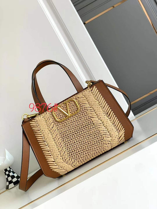 Valentino Garavani V-Logo Raffia and Leather Tote