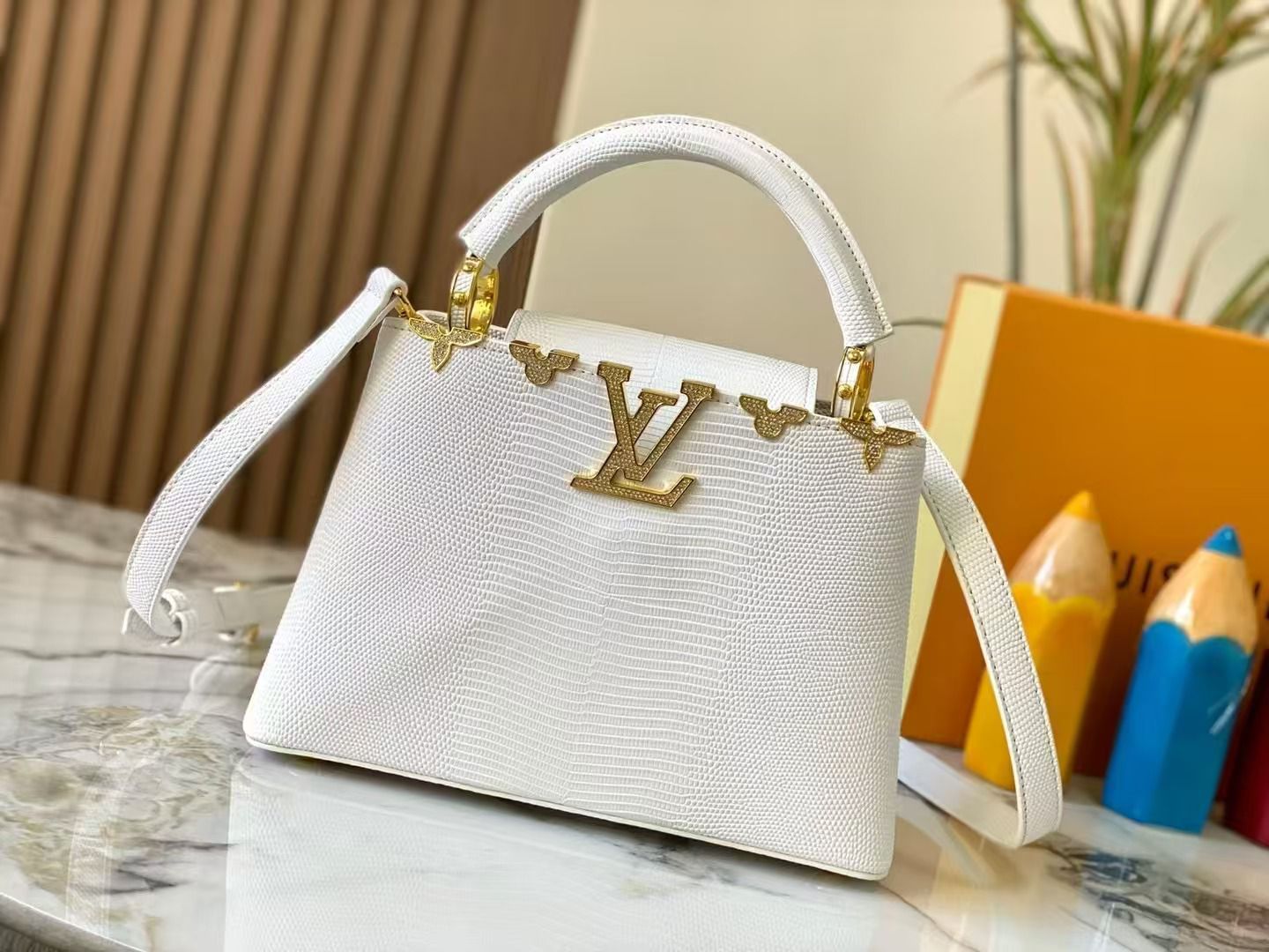 Luxury Louis Vuitton Capucines Handbags in White and Green