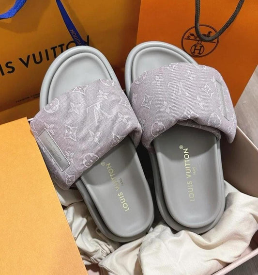 Louis Vuitton Monogram Padded Slide Sandals in Grey and Black