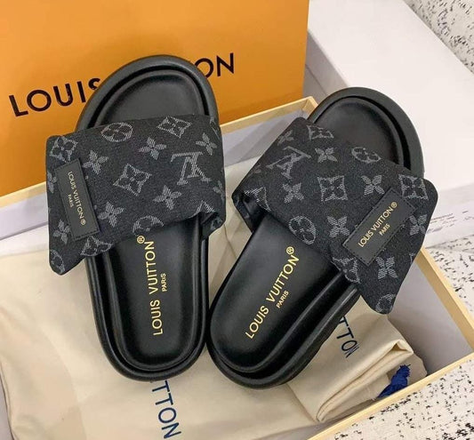 Louis Vuitton Monogram Padded Slide Sandals in Grey and Black