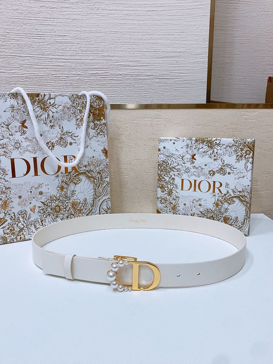 Dior White Leather Belt with Pearl-Embellished 