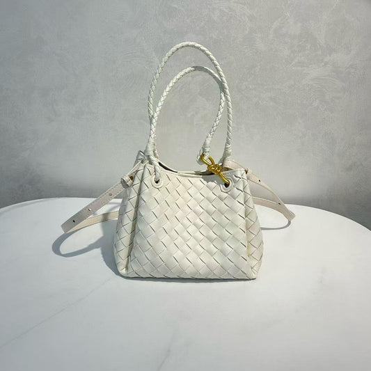 White Woven Leather Handbag with Gold Accent