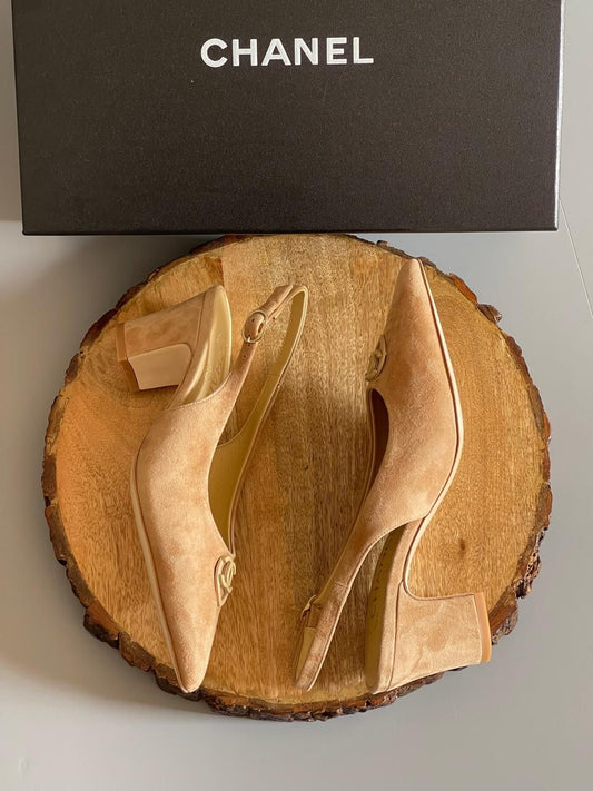 Chanel Beige Suede Slingback Heels